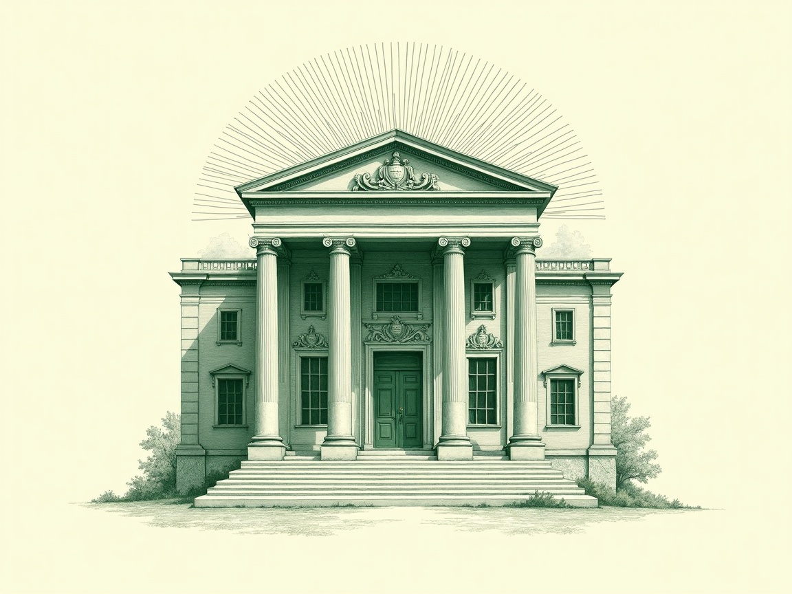 Engraved illustration of a neoclassical bank building with radiating sun rays