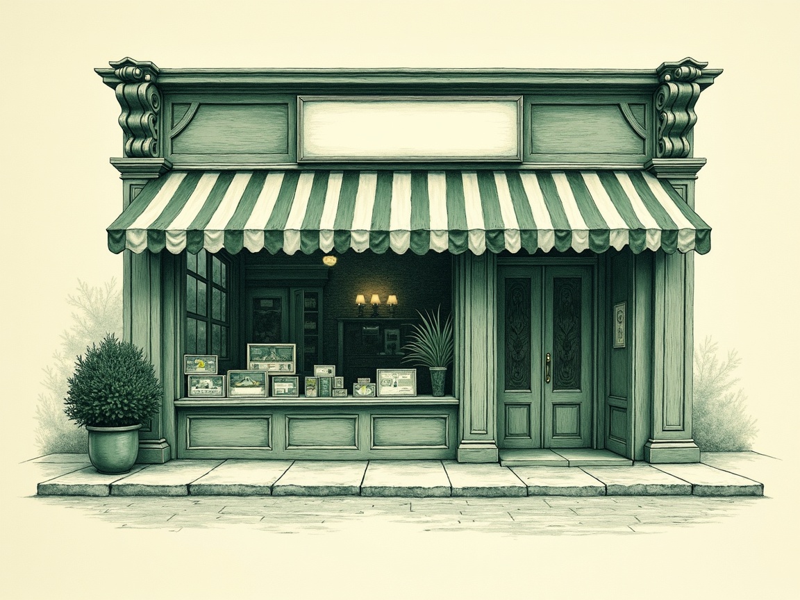 Engraved illustration of a small storefront with striped awning and a card terminal in the window