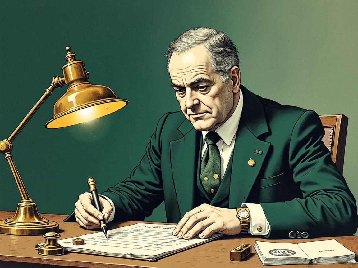 Engraved illustration of an underwriter reviewing a merchant file at a banker's desk
